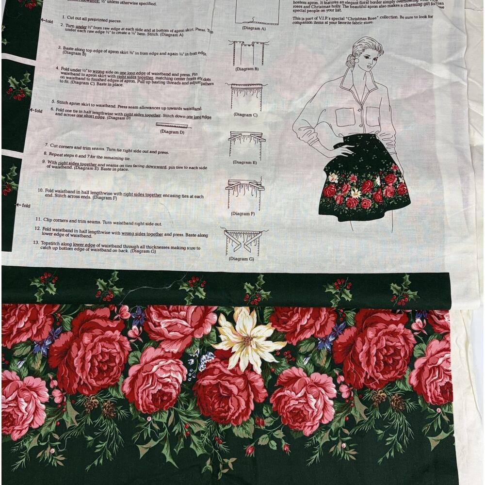 Vtg VIP Christmas Rose Apron Cut & Sew Fabric Panel Floral Holly Holiday Green